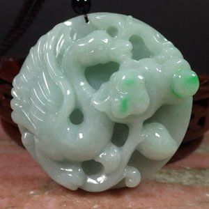 Certified Green Natural Burma A Jade jadeite Swan Lotus Flower Pendant Necklace